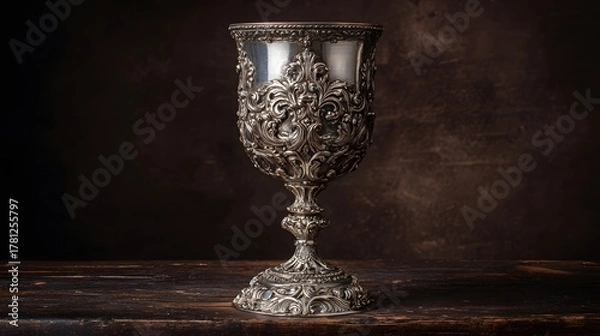 Obraz Ornate antique metal goblet rests upon a dark wooden surface against a textured background