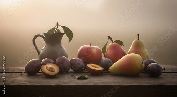 Fototapeta Still life with plums pears and apples arranged with a pitcher on a wooden surface in soft lighting ai generated