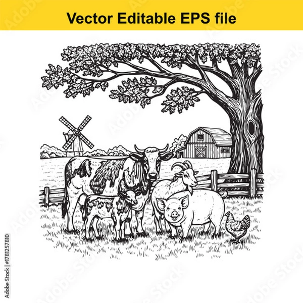Fototapeta Farm animals including cow, calf, pig, goat, chicken, and a windmill with a barn under a tree, black and white sketch