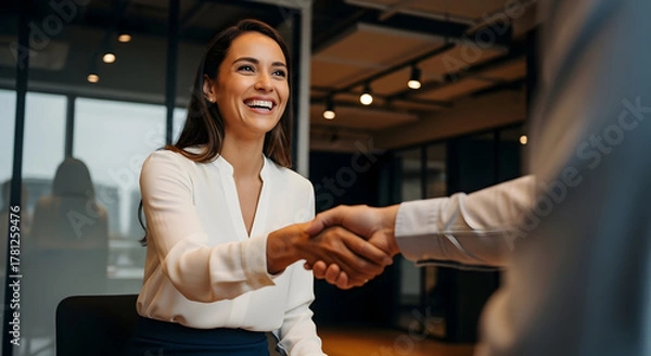 Obraz Happy business woman shaking hands with a client or partner in a modern office, representing agreement, partnership, and successful collaboration.