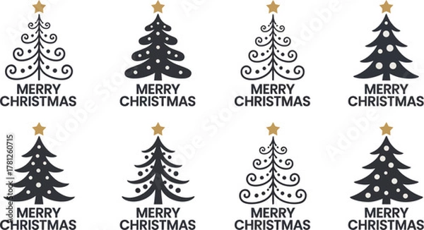 Obraz Collection of Merry Christmas Tree Icons and Typography Logos Set with Decorative Star Toppers for Holiday Greeting Cards, Seasonal Vector Graphic Design