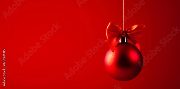 Obraz Red christmas ball with red bow on red background.