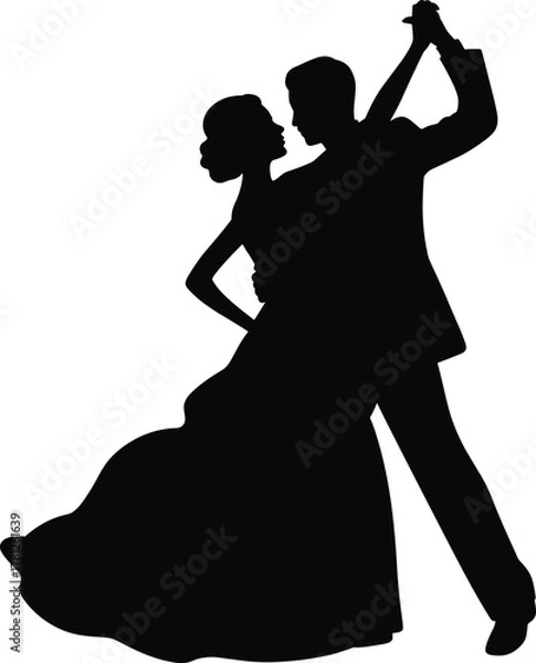 Obraz Elegant ballroom dancing couple silhouette, romantic dance pose, graceful movement, formal attire, waltz tango style, black vector art, flat vector illustration