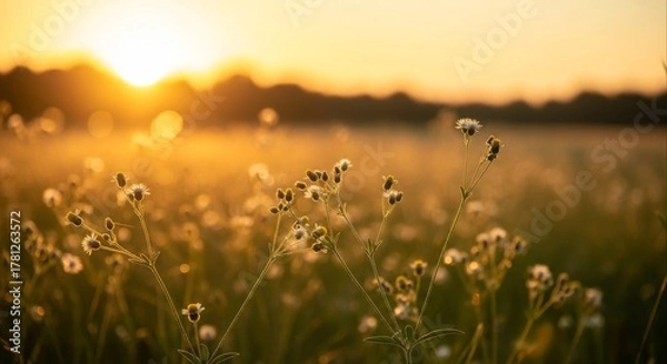 Fototapeta Golden hour sunset over a tranquil wildflower meadow.