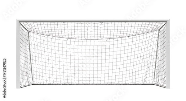 Obraz A frontal view of a soccer goal with a white frame and a net against a white background in a studio shot ai generated