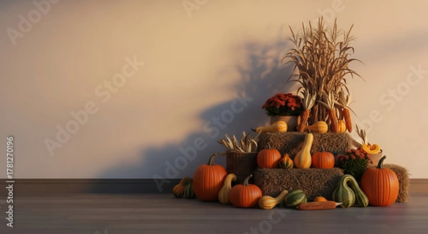 Fototapeta Autumn display with pumpkins gourds hay bales and corn stalks against a neutral colored wall ai generated