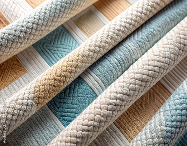 Fototapeta Rolled jacquard knit cotton fabrics in pastel blue, beige, and cream tones with textured geometric patterns