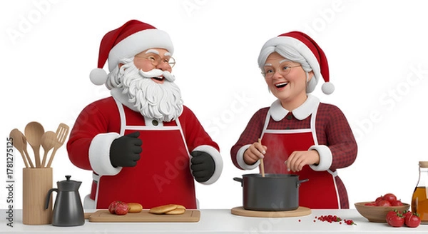 Obraz Santa and Mrs. Claus cooking together on white background, lively and heartwarming scene.