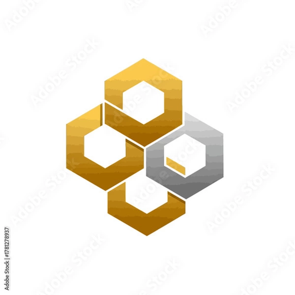 Fototapeta Abstract geometric logo design featuring three gold and one silver interlocking hexagons on a white background.