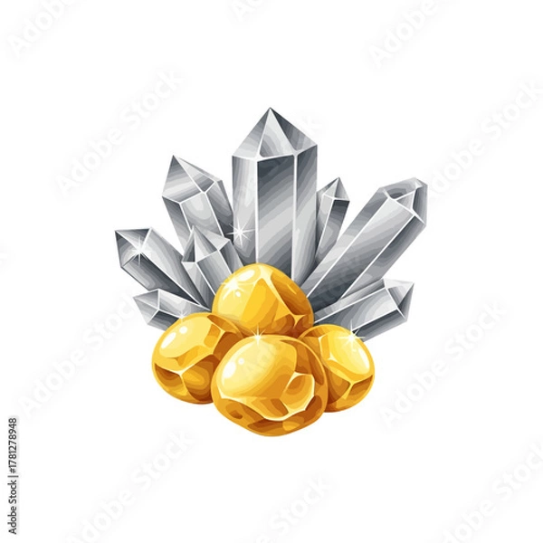 Fototapeta A cluster of shiny golden spheres nestled amongst sharp, translucent quartz crystals.