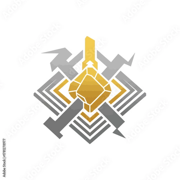 Fototapeta Abstract geometric emblem featuring a central golden crystal surrounded by metallic grey angular shapes and stylized figures.