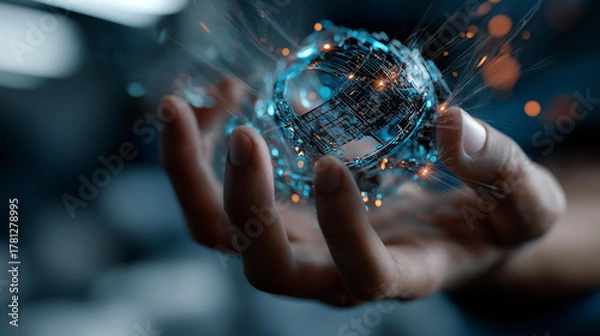 Obraz Artificial intelligence and future technologies visualization faceless mixed media composition defocused digital background with holographic elements innovative tech concept