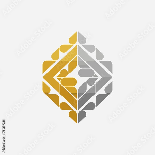 Fototapeta Geometric abstract logo design featuring gold and silver color scheme, symmetrical shapes.