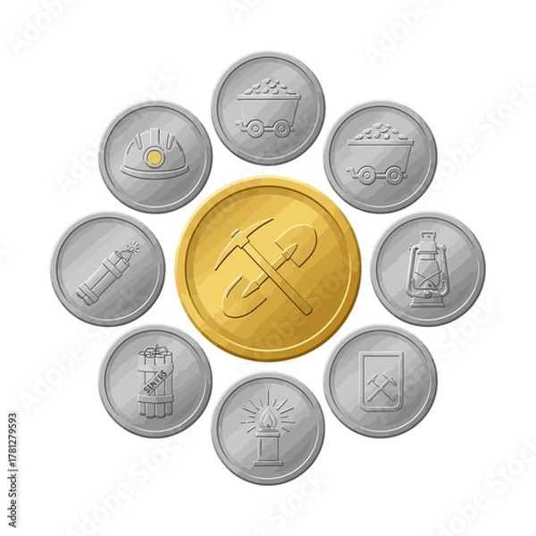 Fototapeta A central gold coin with a pickaxe and shovel surrounded by silver coins depicting mining equipment icons.