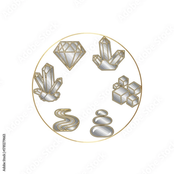 Fototapeta Set of silver and gold icons including a diamond, crystals, and stacked stones within a golden ring.