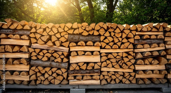 Obraz A large stack of cut firewood logs piled high with sunlight and trees in the background outdoors ai generated