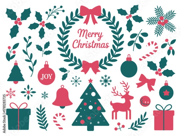 Fototapeta A collection of festive Christmas elements including trees, wreaths, gifts, and ornaments, conveying holiday cheer and celebration.