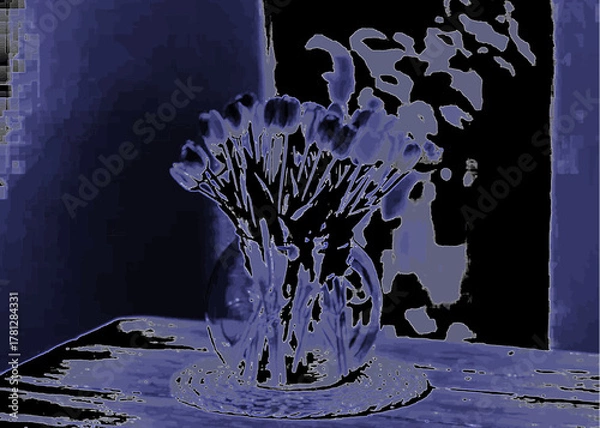 Fototapeta Elegant purple tulips in a glass vase create a peaceful, modern ambiance for home decor and artistic presentations with a hint of mystery