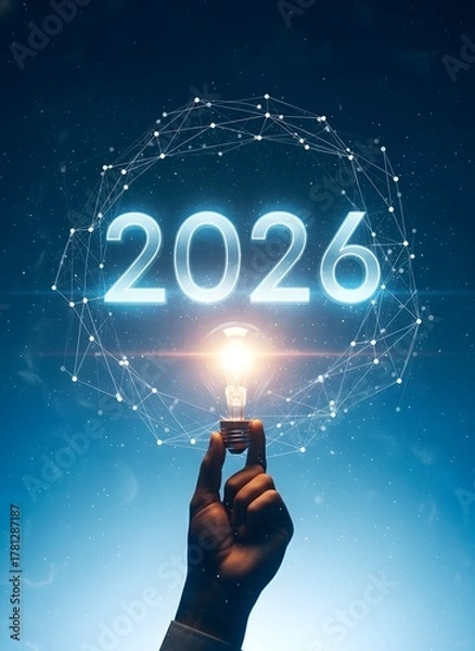 Fototapeta Hand touching glowing futuristic 2026 digital year with abstract network