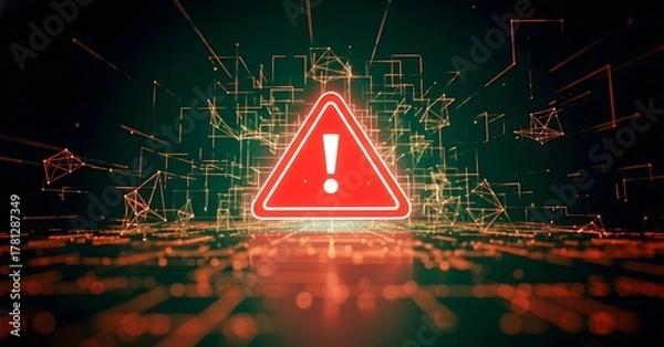 Fototapeta Red warning sign with exclamation mark on digital network background
