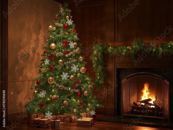 Fototapeta Experience the cozy warmth of Christmas with a beautifully decorated tree and fireplace, perfect for holiday promotions and seasonal greetings