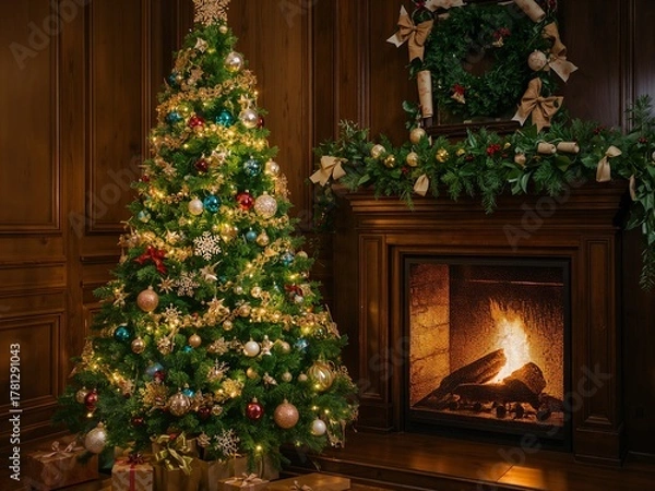 Fototapeta Experience the warmth of the holidays with a decorated Christmas tree and cozy fireplace, perfect for seasonal greetings and festive designs