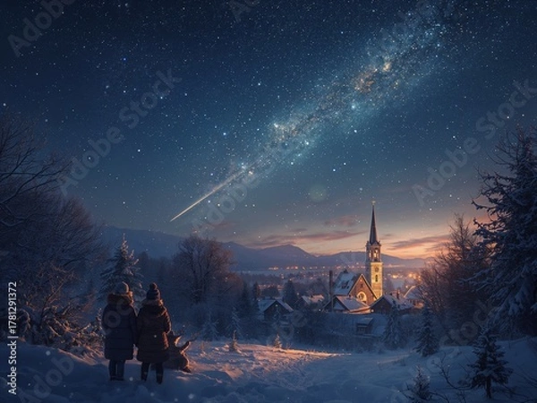 Fototapeta Magical winter night scene with children watching a shooting star over a snow covered village with a church, creating a sense of wonder and peace