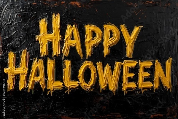 Fototapeta Textured oil painting of Happy Halloween lettering in bright yellow on dark oil painted background, festive art, Hand painting text.