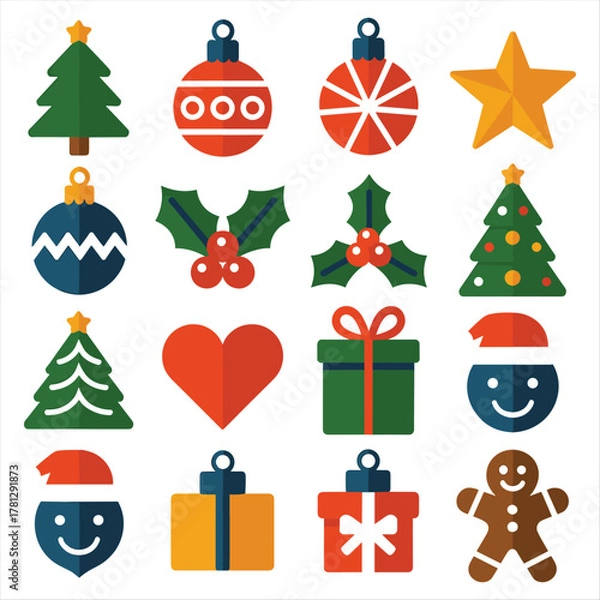 Fototapeta Festive holiday season elements in flat design style collection.