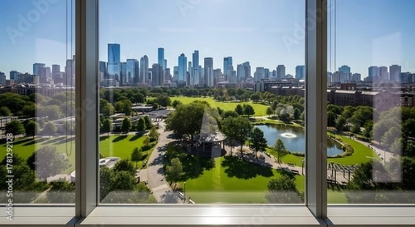 Fototapeta Cityscape zoom background from a window with a view of a park and skyscrapers in the distance - Whisk_khjy5gjmjldoxugotqgoihtlkdzy00ynkv2ytud