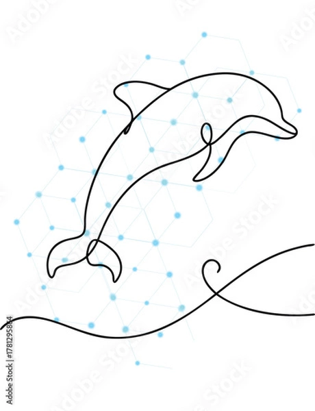 Fototapeta Graceful dolphin leaping from the ocean a single line drawing with interconnected network points adding a touch of innovation and highlighting the fluidity and intelligence of marine life