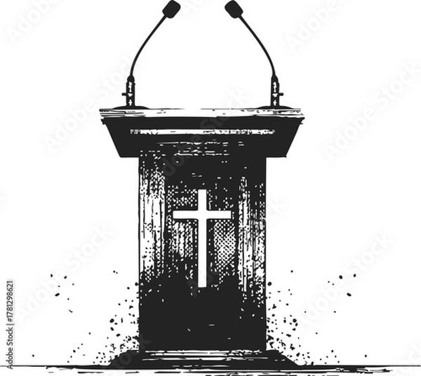 Fototapeta Church pulpit sketch, hand drawn wooden podium with cross and microphones — stock vector