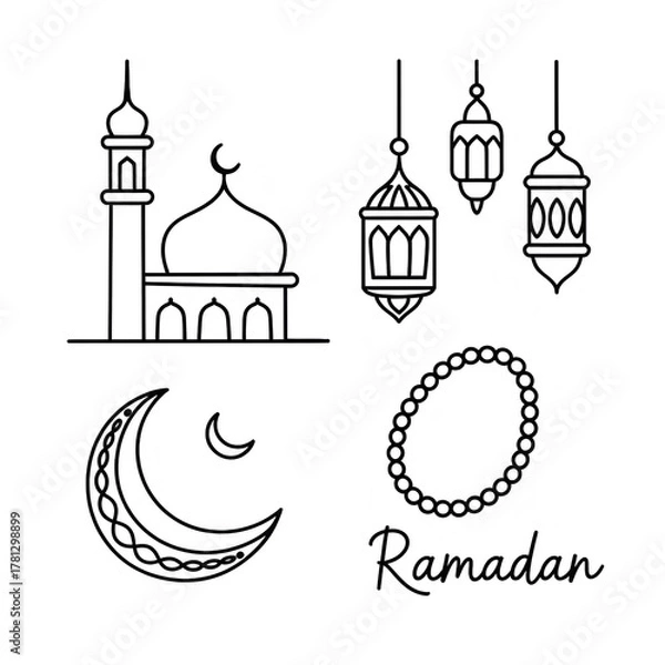 Obraz Islamic mosque crescent moon lanterns and prayer beads