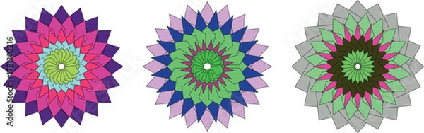 Fototapeta Colorful geometric flower mandala pattern vector illustration with layered petals in abstract symmetry, modern kaleidoscope design, decorative digital art for textile, wallpaper, or background use.