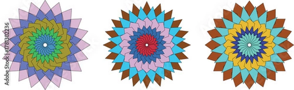 Fototapeta Colorful geometric flower mandala pattern vector illustration with layered petals in abstract symmetry, modern kaleidoscope design, decorative digital art for textile, wallpaper, or background use.