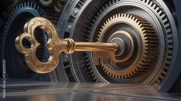Fototapeta Golden ornate key inserted into a complex gear mechanism