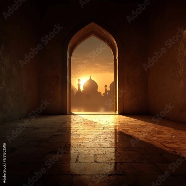 Obraz An interior view of a simple, empty room with smooth beige walls and a tiled stone floor. 