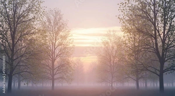 Fototapeta Misty forest landscape at dawn with bare trees and soft light.