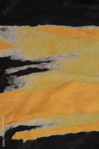 Obraz Torn, ripped paper pieces blot crack crumble frame. Black, yellow copy space texture poster background.