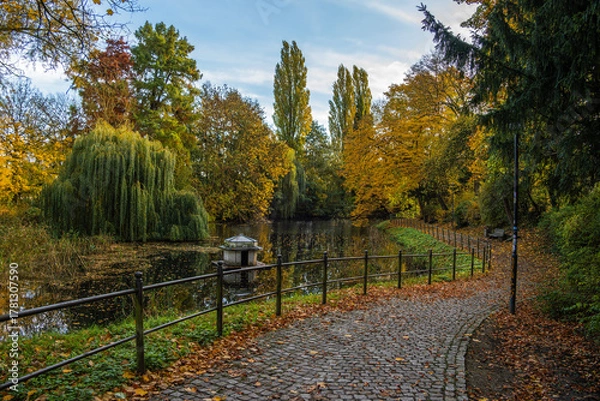 Fototapeta An autumnal park with a cobblestone path, colorful foliage, a pond, and willow trees under a blue sky, creating a tranquil natural atmosphere