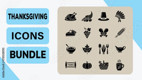 Obraz Thanksgiving Solid Icons Bundle  Harvest, Food, and Autumn Festival Symbol Set