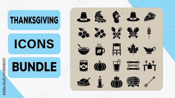 Fototapeta Thanksgiving Solid Icons Bundle  Harvest, Food, and Autumn Festival Symbol Set