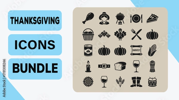 Fototapeta Thanksgiving Solid Icons Bundle  Harvest, Food, and Autumn Festival Symbol Set