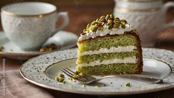 Obraz Slice of pistachio layer cake with cream frosting and nuts on elegant table setting