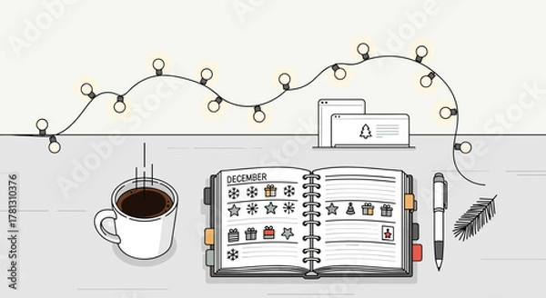 Fototapeta Cozy workspace with a planner for December, coffee cup, and fairy lights, holiday preparation ambiance, on light background