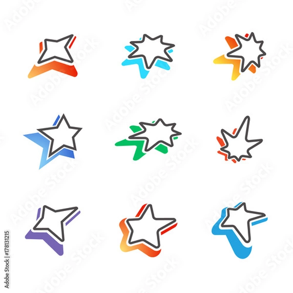 Obraz Star signs with colorful shadows / Star signs for logotypes with four, five and seven rays
