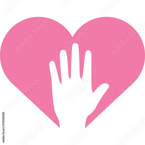Fototapeta Pink heart shape with a white hand silhouette in front representing love support and care with a simple flat design on a transparent background