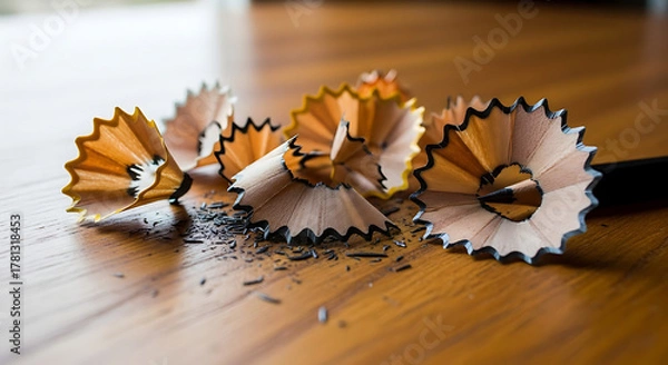 Fototapeta A close-up captures the artistic aftermath of sharpening a pencil, showcasing the delicate curls of wood shavings on a wooden surface, highlighting the process of creation and transformation.