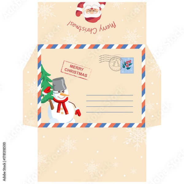 Fototapeta Printable envelope for Santa Claus. Template with soft beige background decorated with snowman, stamp, snowflakes, copy space. Merry Christmas. Vector illustration.