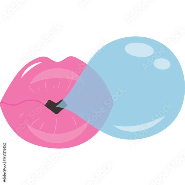 Fototapeta Pink Lips Blowing A Blue Bubble Gum Balloon With A Black Chewing Gum Piece In A Close Up Shot On A White Background